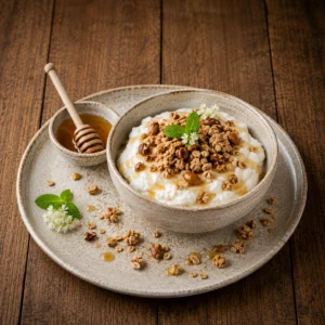 Fromage blanc fermier au miel du 11e et granola croustillant maison