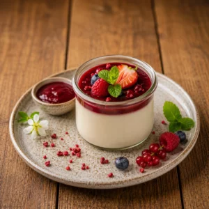 Panna cotta au lait d’amande et coulis de fruits rouges