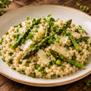 Risotto d’épeautre aux asperges vertes et vieux compté