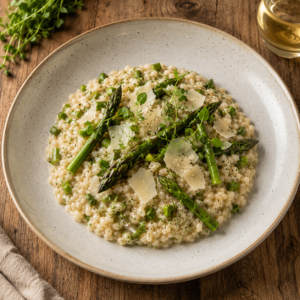 Risotto d’épeautre aux asperges vertes et vieux compté